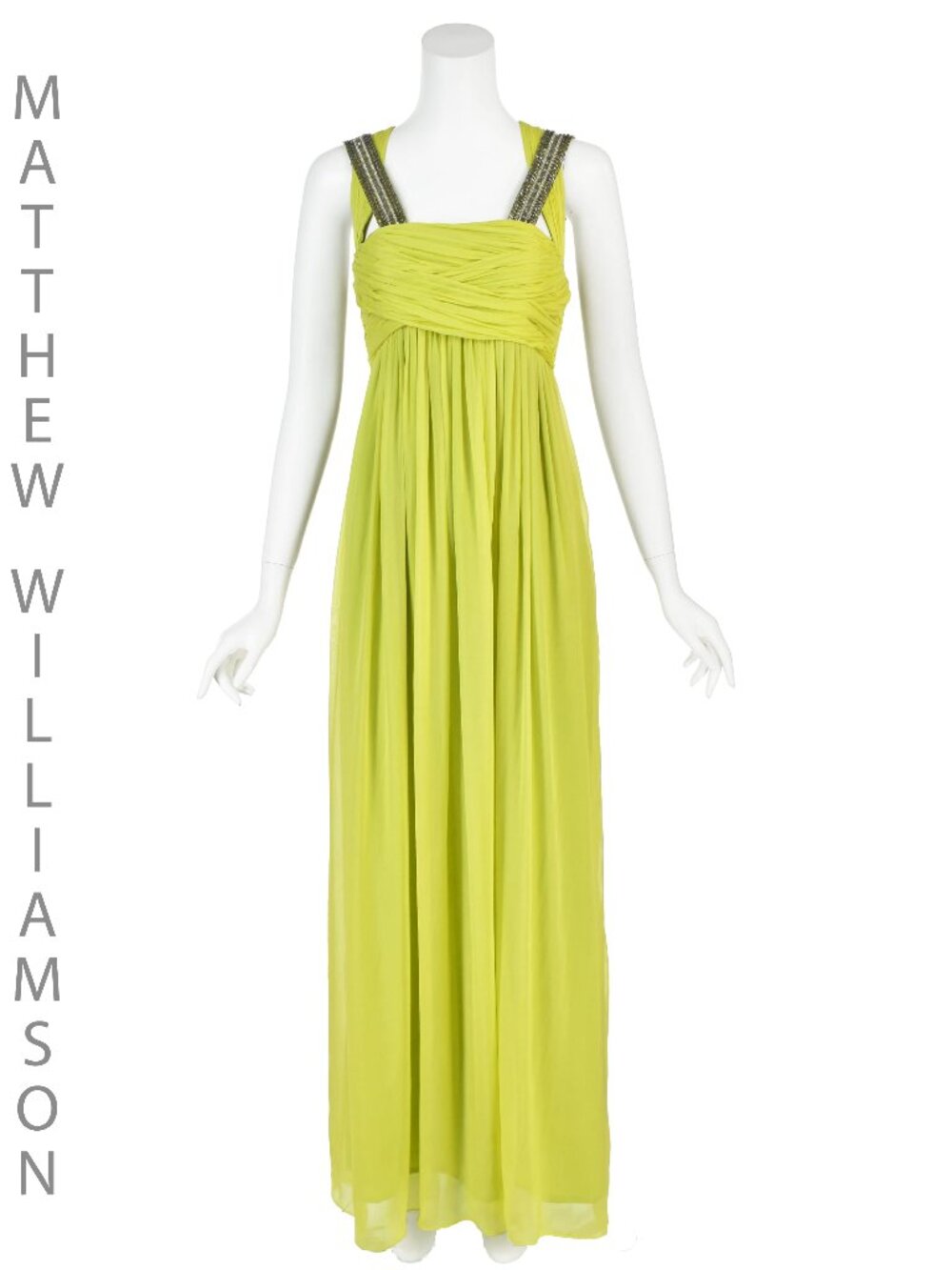 MATTHEW WILLIAMSON c.2005 Chartreuse Silk Chiffon Beaded Straps Evening Gown SZ4